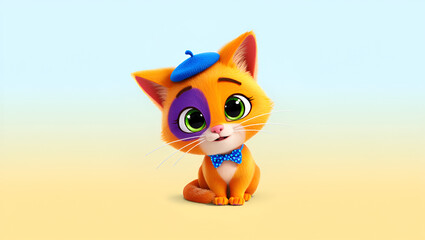 A cute cartoon ginger kitten wearing a blue beret and bow tie sitting on a light yellow surface with a light blue gradient background, Generative AI