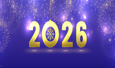 Golden 2026 text with sparkling confetti and glowing lights against a vibrant purple bokeh background for new year celebrations and future event announcements