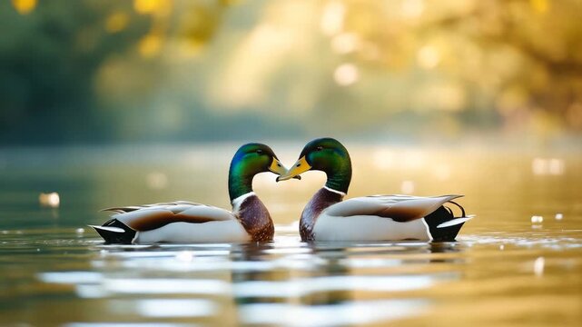 Two ducks swimming together on golden water  