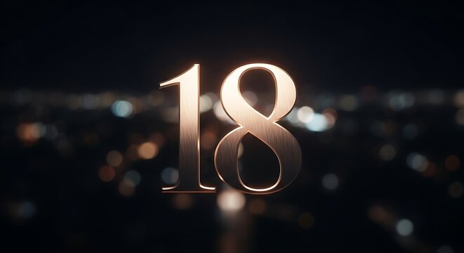 Elegant golden number eighteen against a blurred cityscape at night celebratory background