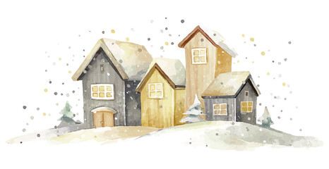 winter village watercolor illustration with snow falling, vector template for winter and christmas greeting cards or real estate advertising, cozy cream and grey colours isolated on white background