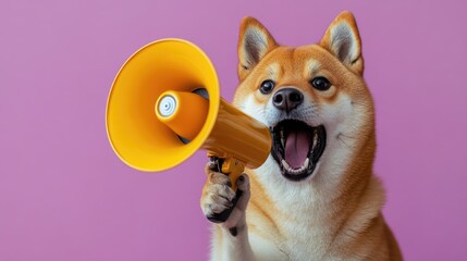 Funny dog with megaphone, Dog speaks through megaphone on purple backdrop, Communication theme