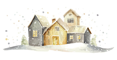 winter village watercolor illustration with snow falling, vector template for winter and christmas greeting cards or real estate advertising, cozy cream and grey colours isolated on white background