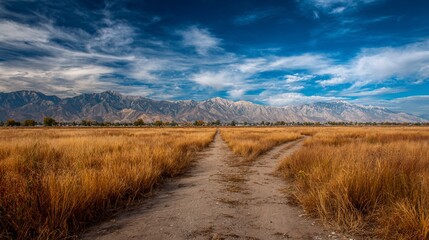 Naklejka premium A dirt road splits through golden grasses towards mountains under a vibrant blue sky