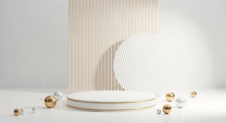 Elegant white and gold circular display podium with decorative spheres set against a textured beige vertical panel background, isolated on white background