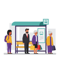 Diverse group of people waiting at a bus stop.