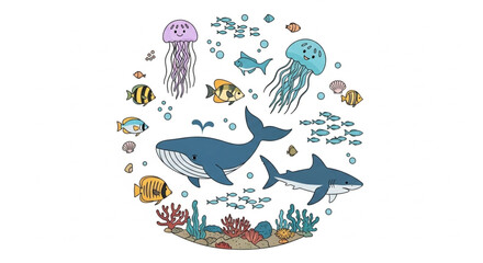 Dive into a whimsical ocean adventure with friendly marine life, perfect for children's books and playful designs, radiating happiness and wonder!