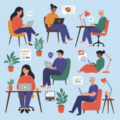 Diverse group of people working remotely on laptops in a comfortable setting.