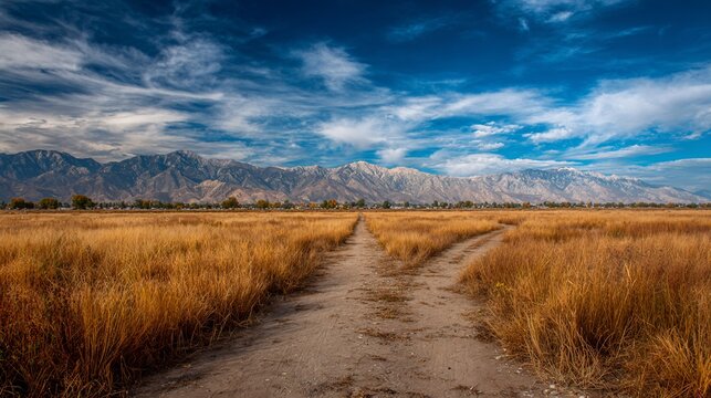A dirt road splits through golden grasses towards mountains under a vibrant blue sky