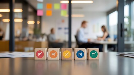 Fototapeta premium Colorful marketing icons on wooden blocks representing business growth, teamwork, creativity and strategic planning in a modern office environment with collaborative professionals