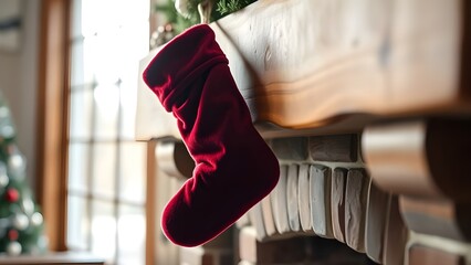 maroon christmas stocking hanging near a fireplace