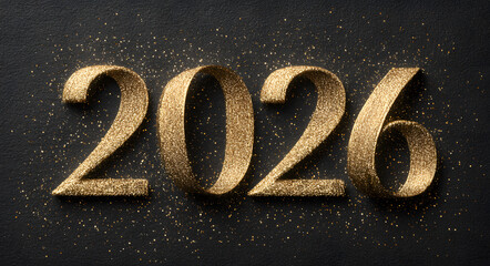 A shimmering golden frame, elegantly adorned with a satin ribbon, welcomes the upcoming year 2026 with an air of sophisticated celebration. Scattered across a dark background. vector illustration