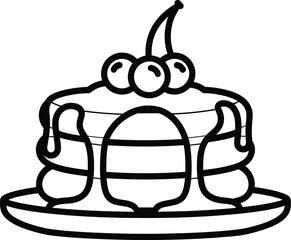 Pancakes stacked with syrup and cherries line art illustration on a plate, simple breakfast dessert vector graphic outline drawing.