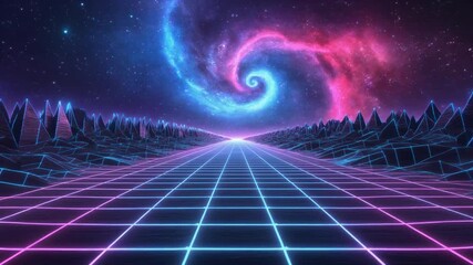 Dynamic retrofuturistic journey through neon digital landscape towards a vibrant cosmic nebula in a mesmerizing cyberspace exploration - Powered by Adobe
