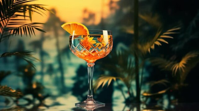 Tropical cocktail with orange and flowers