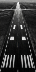 A monochrome aerial view of a long runway receding into the horizon.