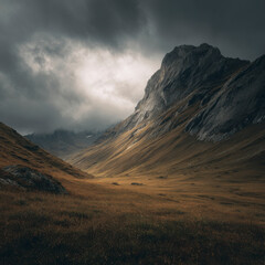 Obraz premium Dramatic mountain valley with golden grass under an overcast sky above.
