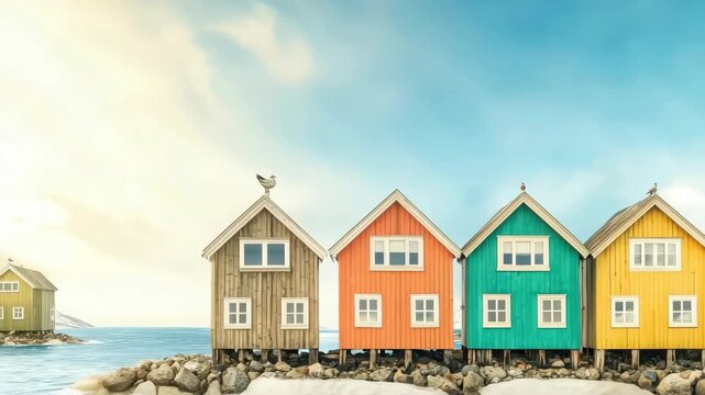 Colorful seaside cabins with seagulls at sunrise