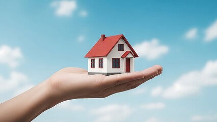 Hand holding a miniature house with a red roof against a blue sky, symbolizing home ownership