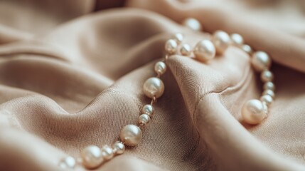 Elegant Blank Greeting Card Resting on Luxurious Silk Fabric Adorned With Pearls for a Romantic and Feminine Feel