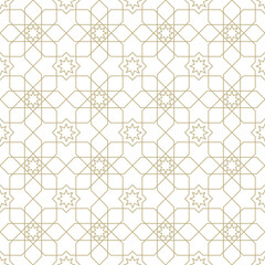 Elegant gold Islamic geometric seamless pattern on a white background, ideal for luxury designs, invitations, decor, and Middle Eastern themed projects.
