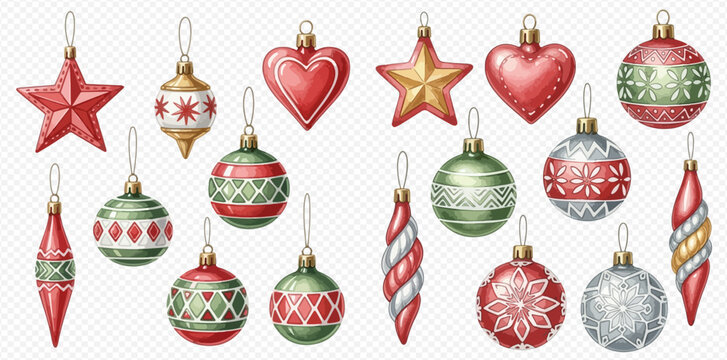 Collection of festive Christmas tree ornaments in various shapes, colors, and patterns, including stars, hearts, and baubles. - Powered by Adobe