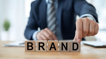 Obraz premium Businessperson Arranging Wooden Blocks Spelling Brand, Highlighting Branding Strategy, Marketing Identity, Professional Image Building, Corporate Growth, and Strong Business Development Concepts
