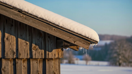 Snow and icicles on shed roof edge, symbol of winter's frozen elegance