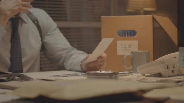 FBI Agent Smoking While Reviewing Crime Scene Photos at Desk