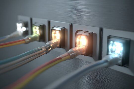 Ethernet cables plugged into server ports illuminate the data flow in a modern network setup for seamless business connectivity