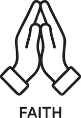 A simple black and white line art depiction of praying hands with the word faith beneath them