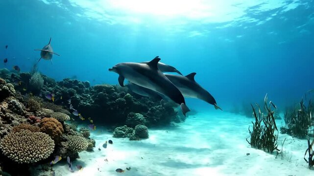 Emphasizing the untouched, wild beauty of the open ocean, where dolphins thrive freely, highlighting the pure, unadulterated essence of aquatic nature.
