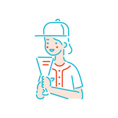 メガホンを持って野球の応援をしている女性のイラスト 水色の線画