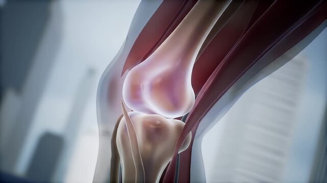 Detailed Close Up Of Human Knee Joint Anatomy Showing Femur Tibia Fibula Patella Muscles Ligaments And Cartilage With Soft Focus Cityscape Background In Cool Blue Tones