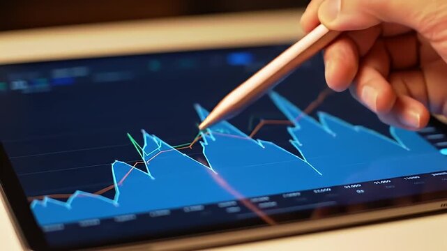 Close up of a Hand Using a Stylus to Analyze a Blue Stock Market Graph on a Tablet Screen with Soft Lighting