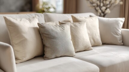 Comfortable sofa with soft pillows in a cozy living room.