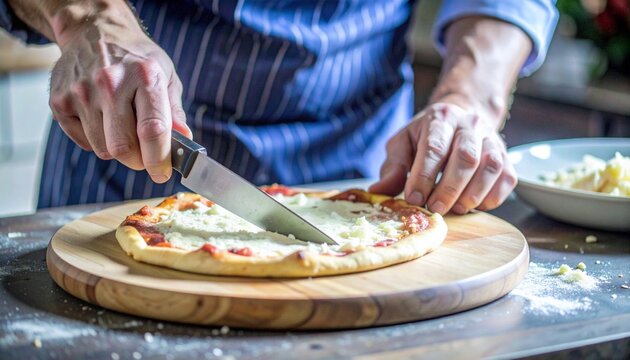 Chef cutting pizza on wooden board in kitchen close-up