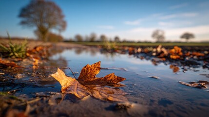 Autumn leaf resting in a puddle reflecting the sky and trees.
