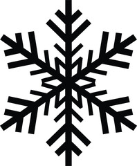 Stylized black snowflake icon representing winter, cold weather, ice, frost, and holiday season decorations, isolated on clean background.
