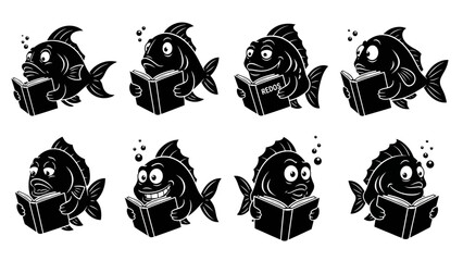 Collection of fish characters reading books with various expressions vector illustration