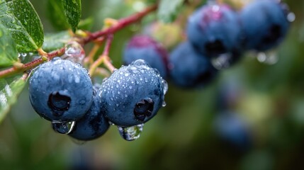 Close-up of Fresh Blueberries on a Branch with Water Droplets.