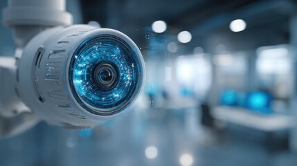 Close-up of a modern security camera in a futuristic setting.