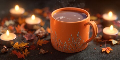 Cozy Autumnal Scene - Hot Chocolate, Candles, and Fall Leaves.