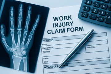 Horizontal photo of a work injury claim form placed beside a hand X-ray, pen, and calculator, captured in cool blue tones to emphasize medical documentation, employee compensation, workplace safety