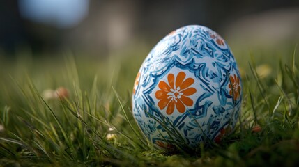 Close-up of a beautifully decorated Easter egg in green grass.