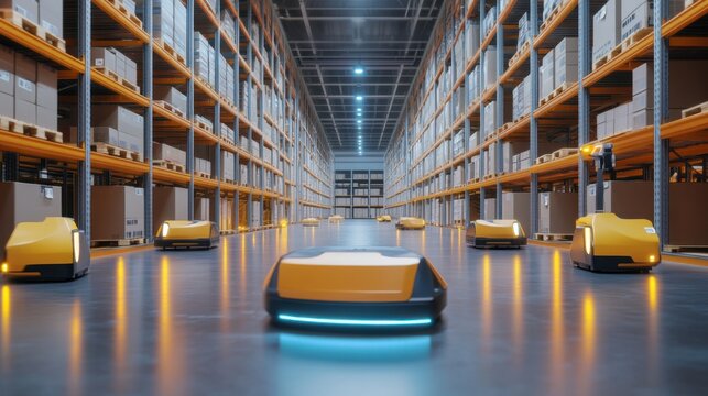 Automated Guided Vehicles navigating a futuristic warehouse interior