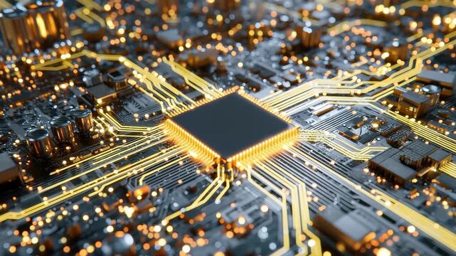Close-up view of an abstract technology chip processor surrounded by circuit patterns showcasing intricate designs and glowing connections