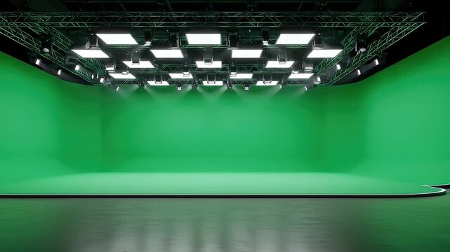 A Professional Production Studio With A Seamless Green Screen Background Illuminated By Bright Overhead Lights And A Dark Reflective Floor