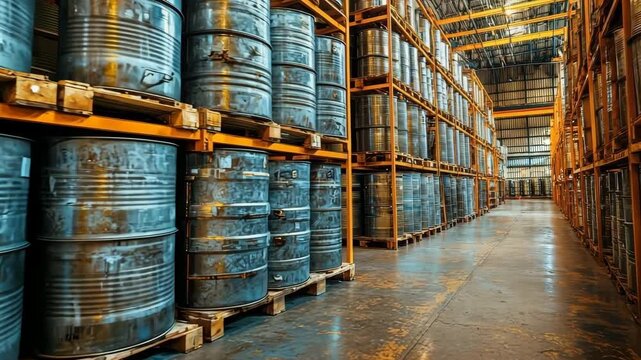 Industrial warehouse storage with stacked metal barrels