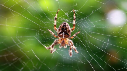 patience. Garden spider at the center of its intricate web with morning dew glistening on the silk. wildlife magazines, conservation campaigns, designed for nature documentaries and education.